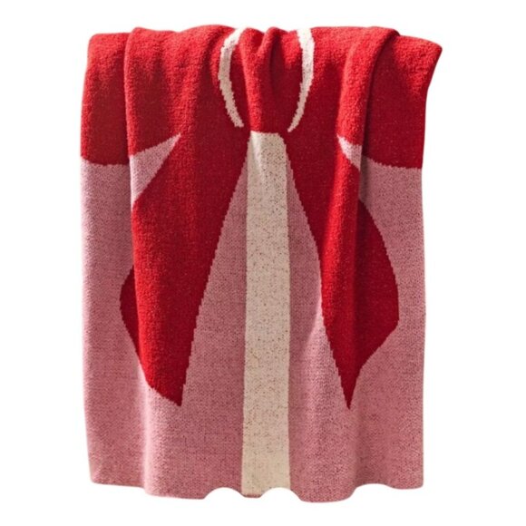 Anthropologie Bonnie Jacquard Knit Throw Blanket Pink w/ Red Bow Anthro 50"x60" - Picture 2 of 3
